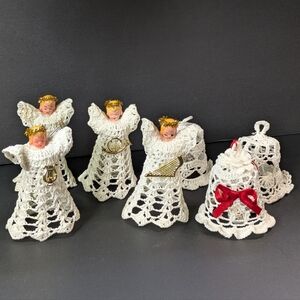 Vintage Handcrafted White Crochet Angel and Bell Christmas Ornaments Lot Of 7
